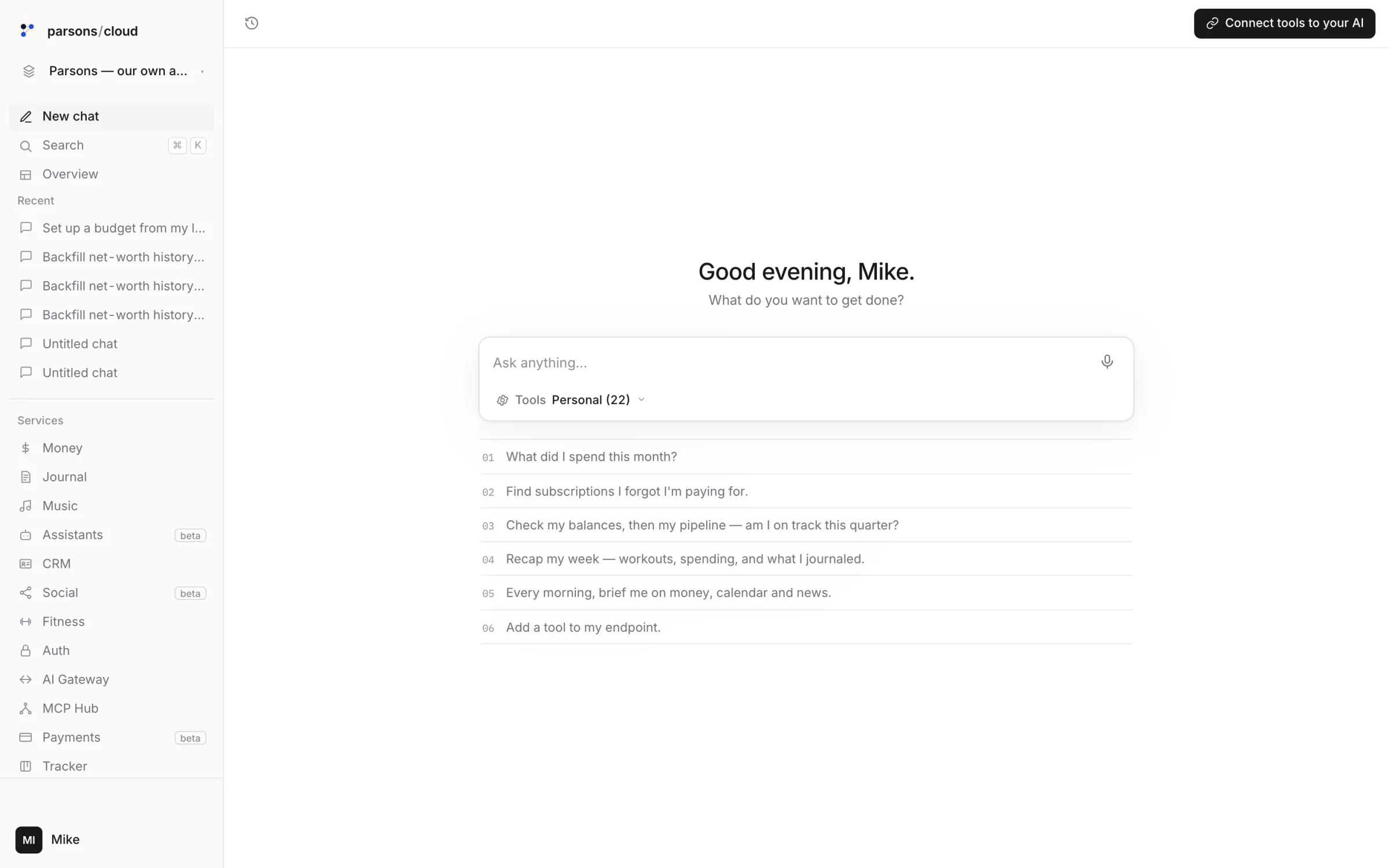The Parsons Cloud console: one chat that reaches every product — set up a budget, check subscriptions, book a call, post the update.